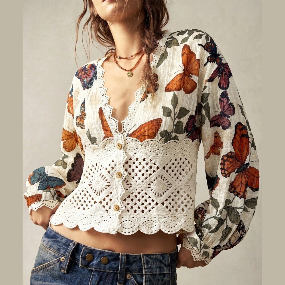 Cream Butterfly Print Crochet Lace Trim Cropped Blouse